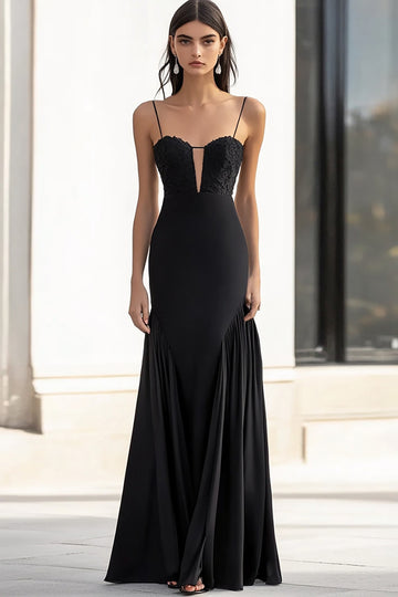 Spaghetti Straps A Line Appliqued Black Tie Dress